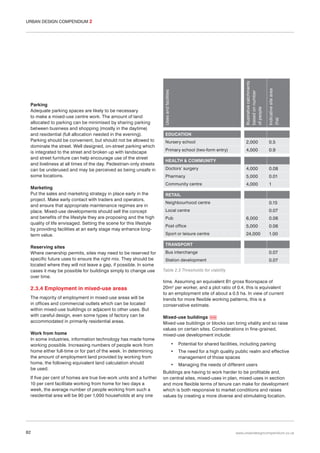 Reserving sites
Where ownership permits, sites may need to be reserved for
specific future uses to ensure the right mix. They should be
located where they will not leave a gap, if possible. In some
cases it may be possible for buildings simply to change use
over time.

2.3.4 Employment in mixed-use areas
The majority of employment in mixed-use areas will be
in offices and commercial outlets which can be located
within mixed-use buildings or adjacent to other uses. But
with careful design, even some types of factory can be
accommodated in primarily residential areas.
Work from home
In some industries, information technology has made home
working possible. Increasing numbers of people work from
home either full-time or for part of the week. In determining
the amount of employment land provided by working from
home, the following equivalent land calculation should
be used.
If five per cent of homes are true live-work units and a further
10 per cent facilitate working from home for two days a
week, the average number of people working from such a
residential area will be 90 per 1,000 households at any one

82

Indicative site area
(ha)

Marketing
Put the sales and marketing strategy in place early in the
project. Make early contact with traders and operators,
and ensure that appropriate maintenance regimes are in
place. Mixed-use developments should sell the concept
and benefits of the lifestyle they are proposing and the high
quality of life envisaged. Setting the scene for this lifestyle
by providing facilities at an early stage may enhance longterm value.

Nursery school

2,000

0.5

Primary school (two-form entry)

4,000

0.9

Doctors’ surgery

4,000

0.08

Pharmacy

5,000

0.01

Community centre

4,000

1

Uses and facilities

Parking
Adequate parking spaces are likely to be necessary
to make a mixed-use centre work. The amount of land
allocated to parking can be minimised by sharing parking
between business and shopping (mostly in the daytime)
and residential (full allocation needed in the evening).
Parking should be convenient, but should not be allowed to
dominate the street. Well designed, on-street parking which
is integrated to the street and broken up with landscape
and street furniture can help encourage use of the street
and liveliness at all times of the day. Pedestrian-only streets
can be underused and may be perceived as being unsafe in
some locations.

Illustrative catchments
based on number
of people

URBAN DESIGN COMPENDIUM 2

EDUCATION

HEALTH & COMMUNITY

RETAIL
Neighbourhood centre

0.15

Local centre

0.07

Pub

6,000

0.06

Post office

5,000

0.06

Sport or leisure centre

24,000

1.00

TRANSPORT
Bus interchange

0.07

Station development

0.07

Table 2.3 Thresholds for viability

time. Assuming an equivalent B1 gross floorspace of
20m2 per worker, and a plot ratio of 0.4, this is equivalent
to an employment site of about a 0.5 ha. In view of current
trends for more flexible working patterns, this is a
conservative estimate.
Mixed-use buildings 035
Mixed-use buildings or blocks can bring vitality and so raise
values on certain sites. Considerations in fine-grained,
mixed-use development include:
•

Potential for shared facilities, including parking

•

The need for a high quality public realm and effective
management of those spaces

•

Managing the needs of different users

Buildings are having to work harder to be profitable and,
on central sites, mixed-uses in plan, mixed-uses in section
and more flexible terms of tenure can make for development
which is both responsive to market conditions and raises
values by creating a more diverse and stimulating location.

www.urbandesigncompendium.co.uk

 