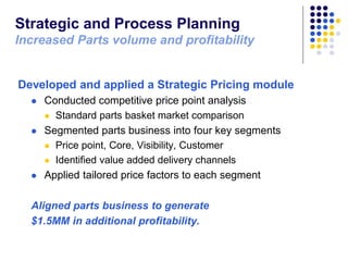 Strategic and Process Planning
Increased Parts volume and profitability

Developed and applied a Strategic Pricing module
...