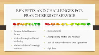 BENEFITS AND CHALLENGES FOR
FRANCHISERS OF SERVICE
• An established business
format
• National or regional brand
marketing
• Minimized risk of starting a
business
• Encroachment
• Disappointing profits and revenues
• Lack of perceived control over operations
• High fees
 
