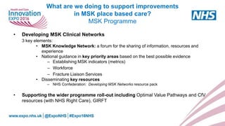 What are we doing to support improvements
in MSK place based care?
MSK Programme
• Developing MSK Clinical Networks
3 key elements:
• MSK Knowledge Network: a forum for the sharing of information, resources and
experience
• National guidance in key priority areas based on the best possible evidence
– Establishing MSK indicators (metrics)
– Workforce
– Fracture Liaison Services
• Disseminating key resources
– NHS Confederation: Developing MSK Networks resource pack
• Supporting the wider programme roll-out including Optimal Value Pathways and CfV
resources (with NHS Right Care), GIRFT
 