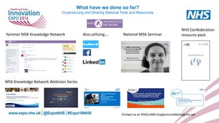 What have we done so far?
Co-producing and Sharing National Tools and Resources
Yammer MSK Knowledge Network Also utilising….
MSK Knowledge Network Webinars Series
Contact us at: ENGLAND.longtermconditions@nhs.net
NHS Confederation
resource packNational MSK Seminar
 