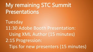 My remaining STC Summit
Presentations
Tuesday
11:30 Adobe Booth Presentation:
Using XML Author (15 minutes)
2:15 Progression:
Tips for new presenters (15 minutes)
 
