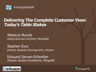 Delivering The Complete Customer View:
Today’s Table Stakes
#mongodbretail
Director, Business Development, Infusion
Director, Solution Architecture, MongoDB
Edouard Servan-Schreiber
Stephen Eyre
Global Business Architect, MongoDB
Rebecca Bucnis
 