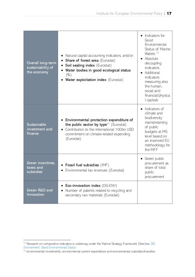 Institute for European Environmental Policy | 17
Overall long-term
sustainability of
the economy
• Natural capital account...