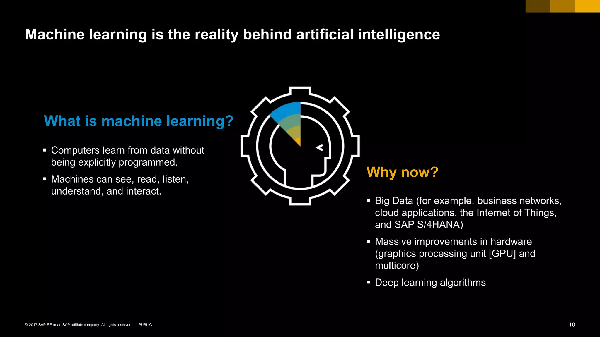 10PUBLIC© 2017 SAP SE or an SAP affiliate company. All rights reserved. ǀ
Machine learning is the reality behind artificial intelligence
 Big Data (for example, business networks,
cloud applications, the Internet of Things,
and SAP S/4HANA)
 Massive improvements in hardware
(graphics processing unit [GPU] and
multicore)
 Deep learning algorithms
 Computers learn from data without
being explicitly programmed.
 Machines can see, read, listen,
understand, and interact.
What is machine learning?
Why now?
 