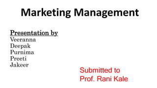 Presentation by
Veeranna
Deepak
Purnima
Preeti
Jakeer
Marketing Management
Submitted to
Prof. Rani Kale
 