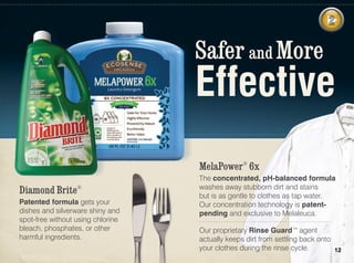Safer and More
                                   Effective
                                   MelaPower® 6x
                                   The concentrated, pH-balanced formula
                                   washes away stubborn dirt and stains
Diamond Brite®                     but is as gentle to clothes as tap water.
Patented formula gets your         Our concentration technology is patent-
dishes and silverware shiny and    pending and exclusive to Melaleuca.
spot-free without using chlorine
bleach, phosphates, or other       Our proprietary Rinse Guard™ agent
harmful ingredients.               actually keeps dirt from settling back onto
                                   your clothes during the rinse cycle.        12
 