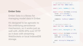 Ember Data
Ember Data is a library for
managing model data in Ember.
It’s designed to be agnostic to
the underlying persistence
mechanism, so it works just as
well with JSON APIs over HTTP
as it does with streaming
WebSockets or local IndexedDB
storage.
 
