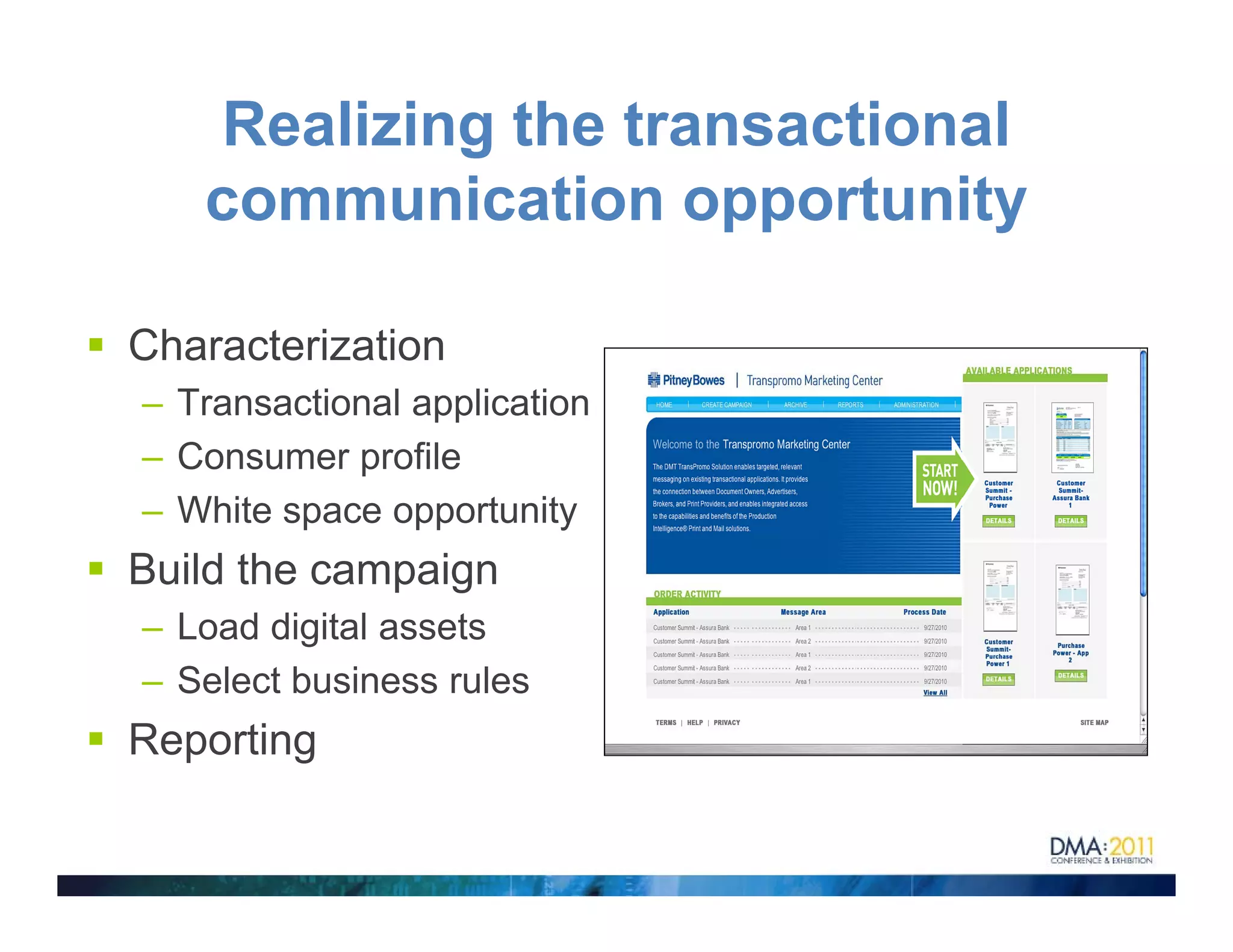 Realizing the transactional
   communication opportunity
           i i              i

Characterization
– Transactional application
                 pp
– Consumer profile
– White space opportunity
Build the campaign
– Load digital assets
– Select business rules
Reporting
 