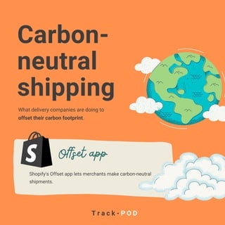 Carbon-
neutral
shipping
Shopify's Offset app lets merchants make carbon-neutral
shipments.
What delivery companies are doing to
offset their carbon footprint.
Offset app
T r a c k - P O D
 