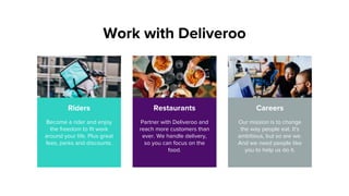 Work with Deliveroo
Restaurants
Partner with Deliveroo and
reach more customers than
ever. We handle delivery,
so you can focus on the
food.
Riders Careers
Our mission is to change
the way people eat. It's
ambitious, but so are we.
And we need people like
you to help us do it.
Become a rider and enjoy
the freedom to fit work
around your life. Plus great
fees, perks and discounts.
 
