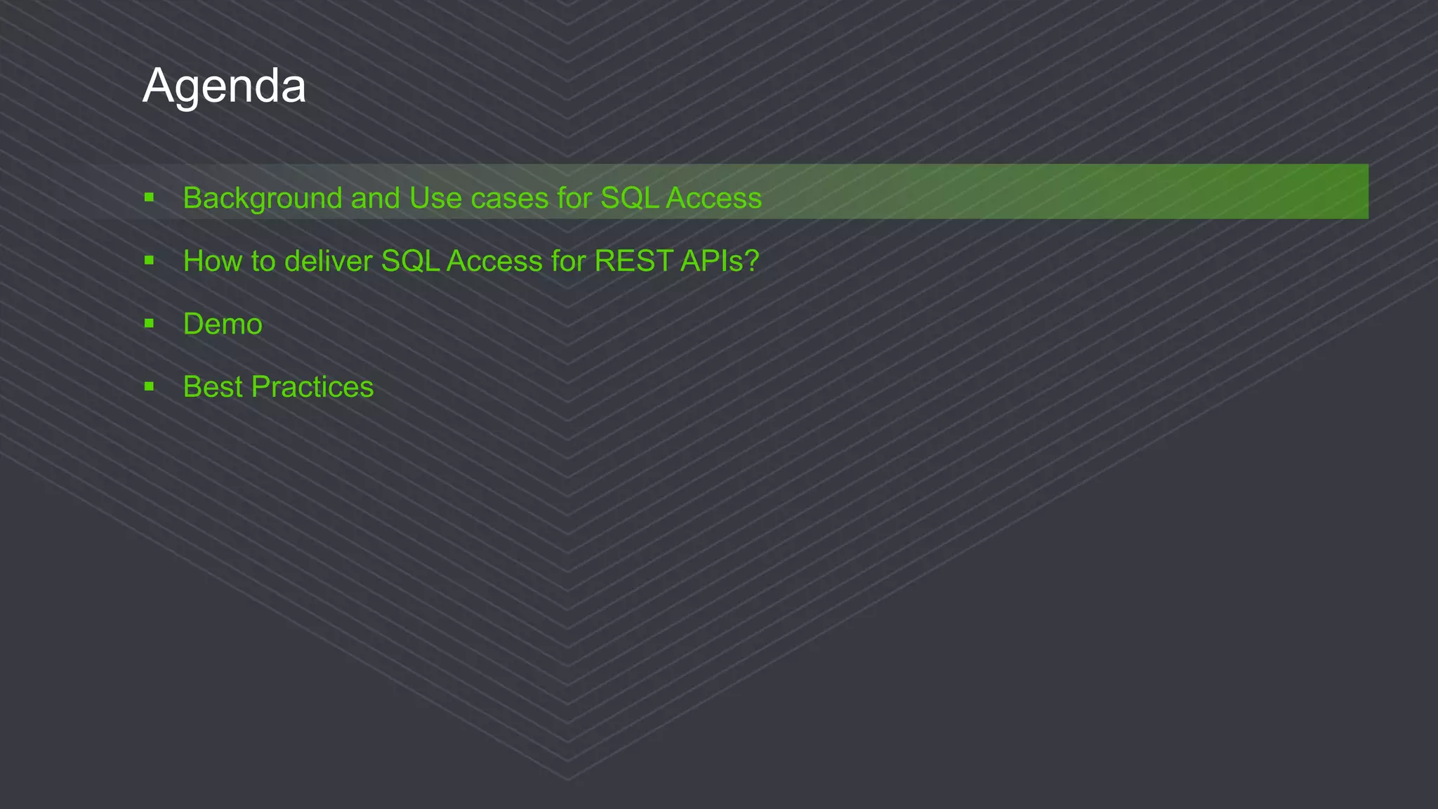 © 2017 Progress Software Corporation and/or its subsidiaries or affiliates. All rights reserved.4
Agenda
 Background and Use cases for SQL Access
 How to deliver SQL Access for REST APIs?
 Demo
 Best Practices
 
