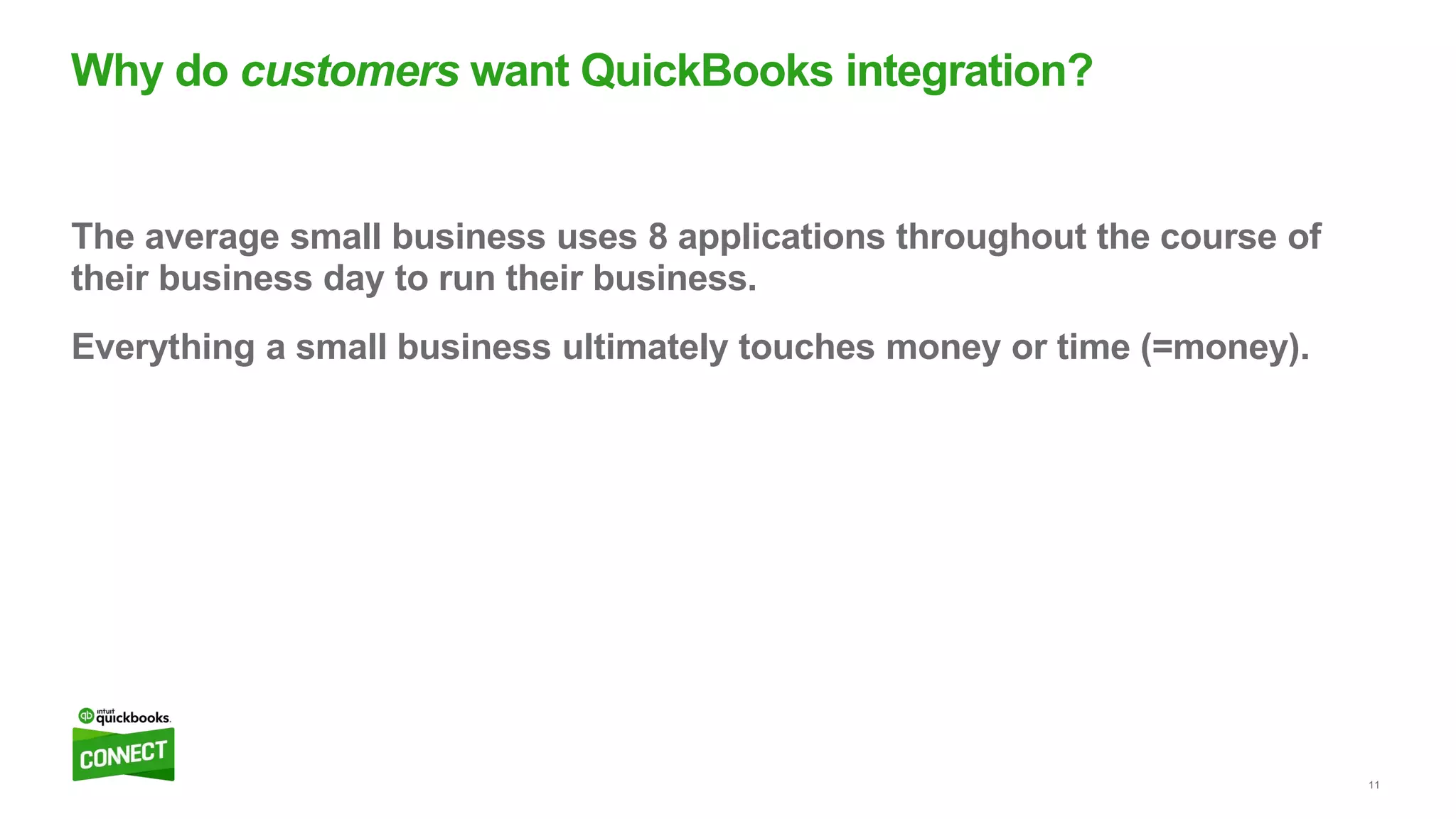 11
The average small business uses 8 applications throughout the course of
their business day to run their business.
Everything a small business ultimately touches money or time (=money).
Why do customers want QuickBooks integration?
 