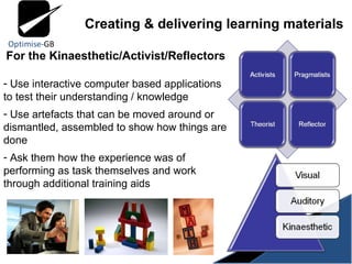 For the Kinaesthetic/Activist/Reflectors Use interactive computer based applications to test their understanding / knowledge Use artefacts that can be moved around or dismantled, assembled to show how things are done Ask them how the experience was of performing as task themselves and work through additional training aids Creating & delivering learning materials 