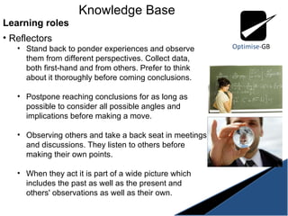Knowledge Base Learning roles Reflectors Stand back to ponder experiences and observe them from different perspectives. Collect data, both first-hand and from others. Prefer to think about it thoroughly before coming conclusions. Postpone reaching conclusions for as long as possible to consider all possible angles and implications before making a move.  Observing others and take a back seat in meetings and discussions. They listen to others before making their own points.  When they act it is part of a wide picture which includes the past as well as the present and others' observations as well as their own. 