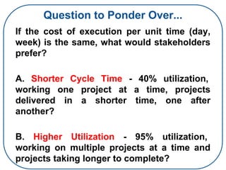 Question to Ponder Over...
If the cost of execution per unit time (day,
week) is the same, what would stakeholders
prefer?
A. Shorter Cycle Time - 40% utilization,
working one project at a time, projects
delivered in a shorter time, one after
another?
B. Higher Utilization - 95% utilization,
working on multiple projects at a time and
projects taking longer to complete?
 