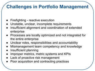 Challenges in Portfolio Management
● Firefighting - reactive execution
● Unstable, unclear, incomplete requirements
● Insufficient alignment and coordination of extended
enterprise
● Processes are locally optimized and not integrated for
the entire enterprise
● Unclear roles, responsibilities and accountability
● Mismanagement team competency and knowledge
● Insufficient planning
● Improper metrics, metric systems and KPIs
● Lack of proactive risk management
● Poor acquisition and contracting practices
 