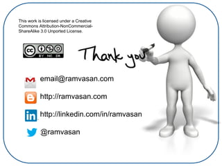 email@ramvasan.com
http://ramvasan.com
http://linkedin.com/in/ramvasan
@ramvasan
This work is licensed under a Creative
Commons Attribution-NonCommercial-
ShareAlike 3.0 Unported License.
 