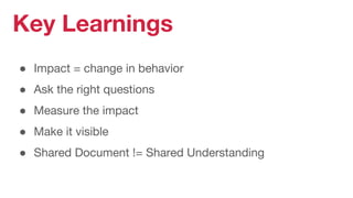 ● Impact = change in behavior
● Ask the right questions
● Measure the impact
● Make it visible
● Shared Document != Shared Understanding
Key Learnings
 
