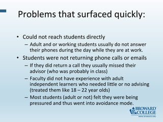 Problems	
  that	
  surfaced	
  quickly:	
  
•  Could	
  not	
  reach	
  students	
  directly	
  
–  Adult	
  and	
  or	
  working	
  students	
  usually	
  do	
  not	
  answer	
  
their	
  phones	
  during	
  the	
  day	
  while	
  they	
  are	
  at	
  work.	
  
•  Students	
  were	
  not	
  returning	
  phone	
  calls	
  or	
  emails	
  
–  If	
  they	
  did	
  return	
  a	
  call	
  they	
  usually	
  missed	
  their	
  
advisor	
  (who	
  was	
  probably	
  in	
  class)	
  
–  Faculty	
  did	
  not	
  have	
  experience	
  with	
  adult	
  
independent	
  learners	
  who	
  needed	
  liMle	
  or	
  no	
  advising	
  
(treated	
  them	
  like	
  18	
  –	
  22	
  year	
  olds)	
  
–  Most	
  students	
  (adult	
  or	
  not)	
  felt	
  they	
  were	
  being	
  
pressured	
  and	
  thus	
  went	
  into	
  avoidance	
  mode.	
  	
  
 