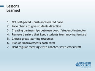 1.  Not self-paced – push accelerated pace
2.  Pace charts to give students direction
3.  Creating partnerships between coach/student/instructor
4.  Remove barriers that keep students from moving forward
5.  Choose great learning resources
6.  Plan on improvements each term
7.  Hold regular meetings with coaches/instructors/staff
Lessons
Learned
 