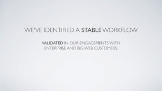 VALIDATED IN OUR ENGAGEMENTS WITH
ENTERPRISE AND BIG WEB CUSTOMERS.
WE'VE IDENTIFIED A STABLE WORKFLOW
 