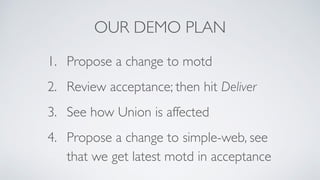 OUR DEMO PLAN
1. Propose a change to motd
2. Review acceptance; then hit Deliver
3. See how Union is affected
4. Propose a change to simple-web, see
that we get latest motd in acceptance
 