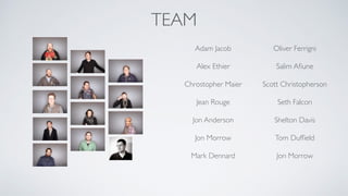 Adam Jacob Oliver Ferrigni
Alex Ethier Salim Aﬁune
Chrostopher Maier Scott Christopherson
Jean Rouge Seth Falcon
Jon Anderson Shelton Davis
Jon Morrow Tom Dufﬁeld
Mark Dennard Jon Morrow
TEAM
 