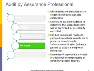 anand.nirmalkumar@gmail.com | in.linkedin.com/in/anandnirmalkumar/ 10
Audit by Assurance Professional
 Obtain sufficient and appropriate
evidence to draw reasonable
conclusions
 Collect and evaluate evidence to
determine that undesired events
will be prevented, or detected &
corrected
 Conduct Compliance (evidence
gathered to evaluate compliance to
process / procedures) &
Substantive verification (evidence
gathers to evaluate integrity of
stated fact)
 Recommend appropriate alternate
or additional or compensating or
sufficiency process controls
Entry
Initiation
Continual Auditing
DA Audit
Exit
 