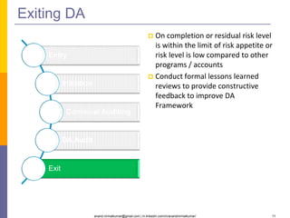 anand.nirmalkumar@gmail.com | in.linkedin.com/in/anandnirmalkumar/ 11
Exiting DA
 On completion or residual risk level
is within the limit of risk appetite or
risk level is low compared to other
programs / accounts
 Conduct formal lessons learned
reviews to provide constructive
feedback to improve DA
Framework
Entry
Initiation
Continual Auditing
DA Audit
Exit
 