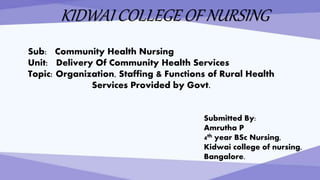 KIDWAI COLLEGE OF NURSING
Sub: Community Health Nursing
Unit: Delivery Of Community Health Services
Topic: Organization, Staffing & Functions of Rural Health
Services Provided by Govt.
Submitted By:
Amrutha P
4th year BSc Nursing,
Kidwai college of nursing,
Bangalore.
 