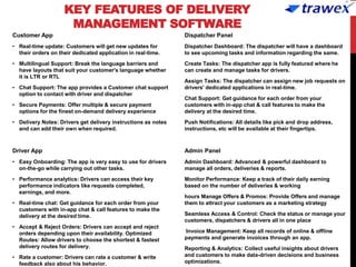 KEY FEATURES OF DELIVERY
MANAGEMENT SOFTWARE
Customer App
• Real-time update: Customers will get new updates for
their orders on their dedicated application in real-time.
• Multilingual Support: Break the language barriers and
have layouts that suit your customer's language whether
it is LTR or RTL
• Chat Support: The app provides a Customer chat support
option to contact with driver and dispatcher
• Secure Payments: Offer multiple & secure payment
options for the finest on-demand delivery experience
• Delivery Notes: Drivers get delivery instructions as notes
and can add their own when required.
Driver App
• Easy Onboarding: The app is very easy to use for drivers
on-the-go while carrying out other tasks.
• Performance analytics: Drivers can access their key
performance indicators like requests completed,
earnings, and more.
• Real-time chat: Get guidance for each order from your
customers with in-app chat & call features to make the
delivery at the desired time.
• Accept & Reject Orders: Drivers can accept and reject
orders depending upon their availability. Optimized
Routes: Allow drivers to choose the shortest & fastest
delivery routes for delivery.
• Rate a customer: Drivers can rate a customer & write
feedback also about his behavior.
Dispatcher Panel
Dispatcher Dashboard: The dispatcher will have a dashboard
to see upcoming tasks and information regarding the same.
Create Tasks: The dispatcher app is fully featured where he
can create and manage tasks for drivers.
Assign Tasks: The dispatcher can assign new job requests on
drivers' dedicated applications in real-time.
Chat Support: Get guidance for each order from your
customers with in-app chat & call features to make the
delivery at the desired time.
Push Notifications: All details like pick and drop address,
instructions, etc will be available at their fingertips.
Admin Panel
Admin Dashboard: Advanced & powerful dashboard to
manage all orders, deliveries & reports.
Monitor Performance: Keep a track of their daily earning
based on the number of deliveries & working
hours Manage Offers & Promos: Provide Offers and manage
them to attract your customers as a marketing strategy
Seamless Access & Control: Check the status or manage your
customers, dispatchers & drivers all in one place
Invoice Management: Keep all records of online & offline
payments and generate invoices through an app.
Reporting & Analytics: Collect useful insights about drivers
and customers to make data-driven decisions and business
optimizations.
 