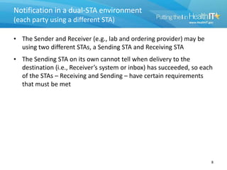 • The Sender and Receiver (e.g., lab and ordering provider) may be
using two different STAs, a Sending STA and Receiving STA
• The Sending STA on its own cannot tell when delivery to the
destination (i.e., Receiver’s system or inbox) has succeeded, so each
of the STAs – Receiving and Sending – have certain requirements
that must be met
Notification in a dual-STA environment
(each party using a different STA)
8
 