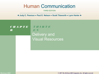 Human Communication
THIRD EDITION

◄ Judy C. Pearson • Paul E. Nelson • Scott Titsworth • Lynn Harter ►

CHAPTE
R

McGraw-Hill

THIRTE
EN

Delivery and
Visual Resources

© 2007 The McGraw-Hill Companies, Inc. All rights reserved.

 