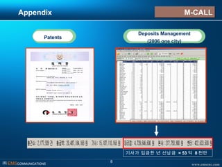 www.emscnc.com㈜ EMSCOMMUNICATIONS
8
기사가 입금한 년 선납금 = 53 억 8 천만
Appendix
Patents
Deposits Management
(2006 one city)
M-CALLM-CALL
 