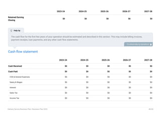 Retained Earning
Closing
$0 $0 $0 $0 $0
2023-24 2024-25 2025-26 2026-27 2027-28
Cash flow statement
Cash Received $0 $0 $0 $0 $0
Cash Paid $0 $0 $0 $0 $0
COS & General Expenses $0 $0 $0 $0 $0
Salary & Wages $0 $0 $0 $0 $0
Interest $0 $0 $0 $0 $0
Sales Tax $0 $0 $0 $0 $0
Income Tax $0 $0 $0 $0 $0
2023-24 2024-25 2025-26 2026-27 2027-28
The cash flow for the first few years of your operation should be estimated and described in this section. This may include billing invoices,
payment receipts, loan payments, and any other cash flow statements.
To unlock help try Upmetrics! 
 Help tip
Delivery Service Business Plan | Business Plan 2023 40/50
 