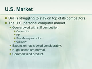 U.S. Market Dell is struggling to stay on top of its competitors. The U.S. personal computer market. Over-crowed with stiff competition. Cannon inc. HP Sun Microsystems Inc. Gateway Expansion has slowed considerably. Huge losses are normal. Commoditized product. 