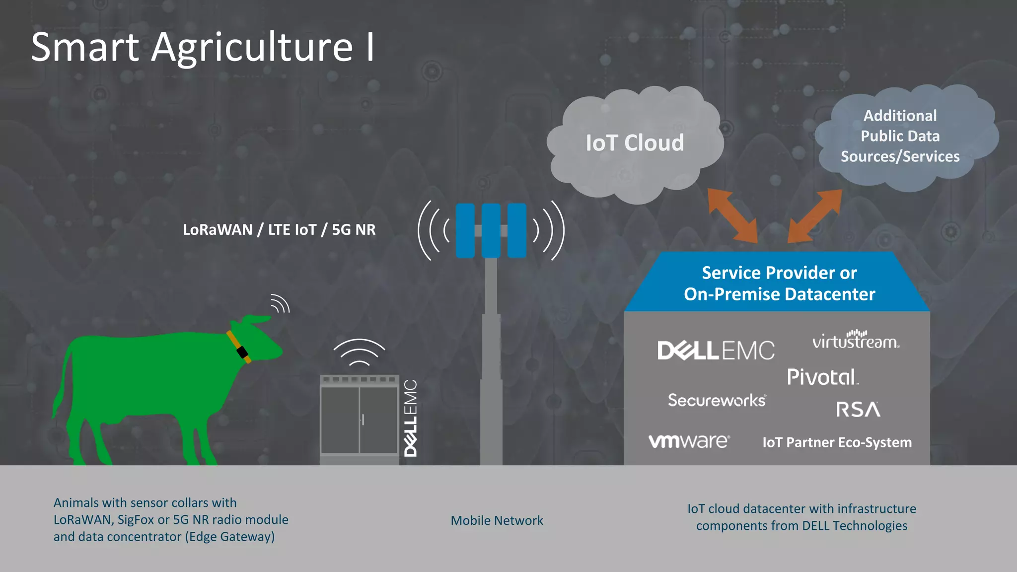 Smart Agriculture I
IoT Cloud
Additional
Public Data
Sources/Services
LoRaWAN / LTE IoT / 5G NR
Service Provider or
On-Premise Datacenter
IoT Partner Eco-System
Animals with sensor collars with
LoRaWAN, SigFox or 5G NR radio module
and data concentrator (Edge Gateway)
IoT cloud datacenter with infrastructure
components from DELL TechnologiesMobile Network
 