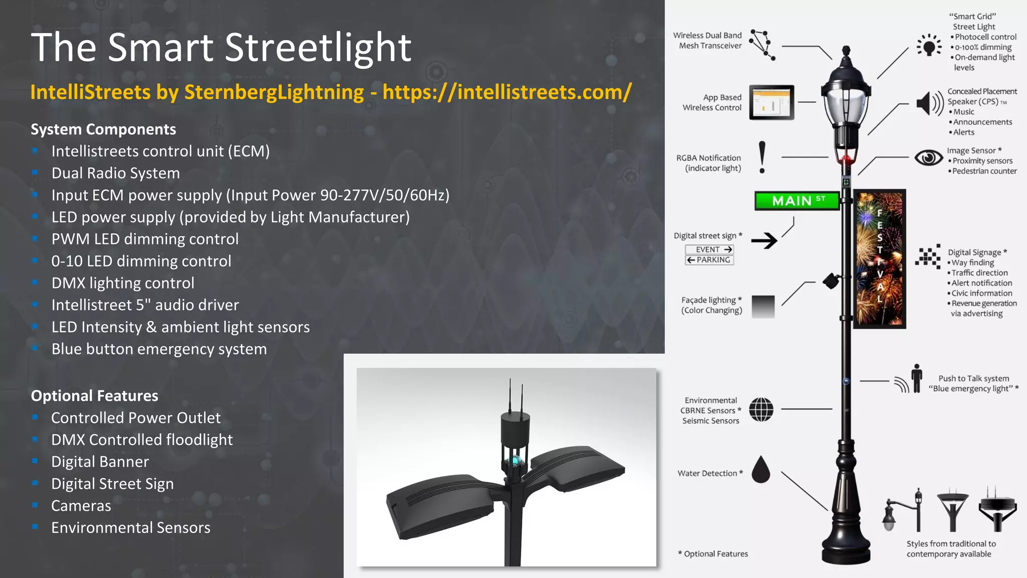The Smart Streetlight
IntelliStreets by SternbergLightning - https://intellistreets.com/
System Components
 Intellistreets control unit (ECM)
 Dual Radio System
 Input ECM power supply (Input Power 90-277V/50/60Hz)
 LED power supply (provided by Light Manufacturer)
 PWM LED dimming control
 0-10 LED dimming control
 DMX lighting control
 Intellistreet 5" audio driver
 LED Intensity & ambient light sensors
 Blue button emergency system
Optional Features
 Controlled Power Outlet
 DMX Controlled floodlight
 Digital Banner
 Digital Street Sign
 Cameras
 Environmental Sensors
 