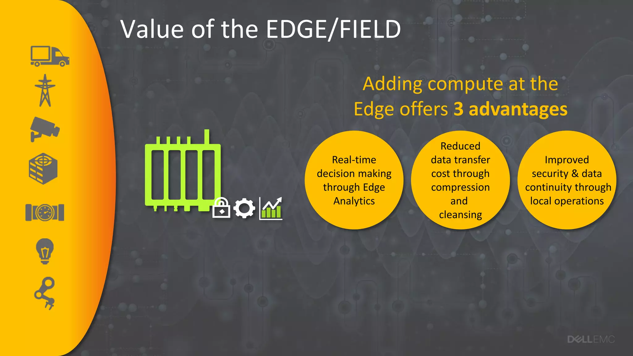 Value of the EDGE/FIELD
Adding compute at the
Edge offers 3 advantages
Real-time
decision making
through Edge
Analytics
Reduced
data transfer
cost through
compression
and
cleansing
Improved
security & data
continuity through
local operations
 