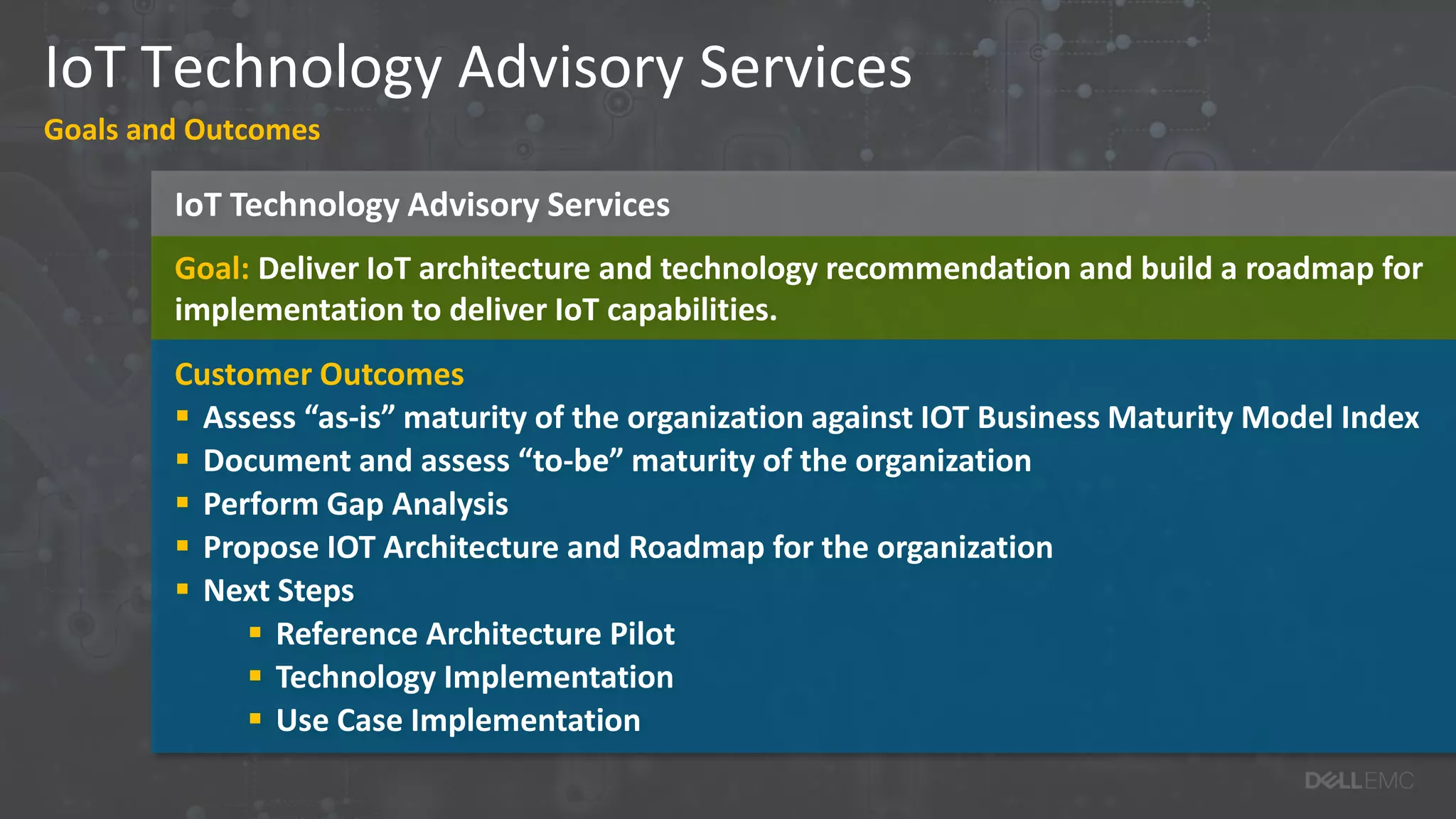 IoT Technology Advisory Services
IoT Technology Advisory Services
Goals and Outcomes
Goal: Deliver IoT architecture and technology recommendation and build a roadmap for
implementation to deliver IoT capabilities.
Customer Outcomes
 Assess “as-is” maturity of the organization against IOT Business Maturity Model Index
 Document and assess “to-be” maturity of the organization
 Perform Gap Analysis
 Propose IOT Architecture and Roadmap for the organization
 Next Steps
 Reference Architecture Pilot
 Technology Implementation
 Use Case Implementation
 
