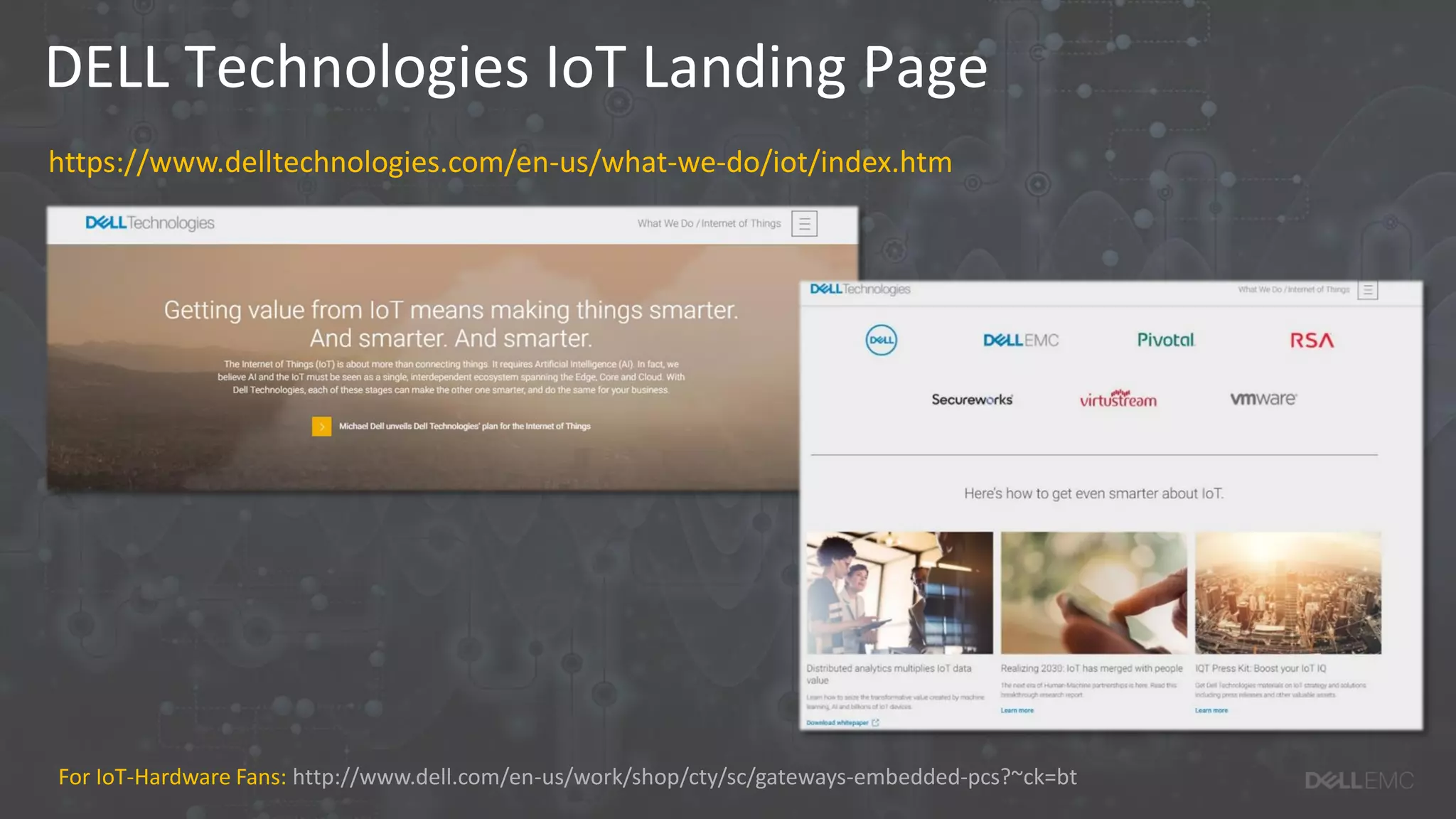 DELL Technologies IoT Landing Page
https://www.delltechnologies.com/en-us/what-we-do/iot/index.htm
For IoT-Hardware Fans: http://www.dell.com/en-us/work/shop/cty/sc/gateways-embedded-pcs?~ck=bt
 