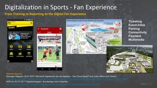 Digitalization in Sports - Fan Experience
From Training to Reporting to the Digital Fan Experience
German Source:
Manager Magazin 26.01.2017 Microsoft digitalisiert die Bundesliga – Die Cloud bietet Fans mehr Nähe zum Verein
http://www.manager-magazin.de/unternehmen/artikel/microsoft-peter-jaeger-ueber-digitalisierung-im-fussball-a-1131823.html
NDR.de 20.07.2017 Digitalstrategien: Bundesliga hinkt hinterher
http://www.ndr.de/sport/fussball/Digitalstrategie-Bundesliga-hinkt-hinterher,digitalisierung130.html
Ticketing
Event-Infos
Parking
Connectivity
Payment
Multimedia
 