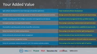 Your Added Value
Agile software development for cloud-ready apps and specialty applications
Affordable hybrid cloud enabled storage systems for flexible and targeted deployment priorities
Scalable computing power with intelligent automation and integrated security features
Converged and Hyper-Converged System Solutions
Cloud platform operating system and own cloud offers and services
Partner Eco-System for holistic hosting solutions
End-to-end security and end-point device management
Consulting and project management services
Partner for verticalized, industry-focused IoT / IIoT / I4.0 solutions and data analytics
Faster hardened software development
Storage systems that adapt to your growth and cloud strategy
Automate routine management & free up skilled resources
Time savings in planning, implementation and administration
Increase of your app deployment, scalability & cloud security
Time savings in the search to find the right hosting partner.
Have an overview of your security functions at all times.
Achieve your project goals on time with external competence
Time savings in the search to find the right IoT partner.
 