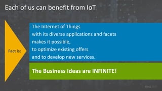 The Internet of Things
The Business Ideas are INFINITE!
with its diverse applications and facets
makes it possible,
to optimize existing offers
and to develop new services.
Each of us can benefit from IoT
Fact is:
 