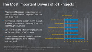The Most Important Drivers of IoT Projects
 72 percent of European companies want to
invest in the Internet of Things (IoT) over the
next three years
 They receive external support mainly through
IT service providers and consulting firms, but
also through universities
 Cost reductions and efficiency improvements
are the main drivers of IoT projects
 Increase in sales revenue through optimized
and new services and more intensive
customer loyalty
Source: German CIO Magazin 03.07.2017
0 10 20 30 40 50 60 70 80
Cost Reduction / Efficiency Increase
Predictive Maintenance
Improved Process Automation
Digitalization of the Workforce
Improved Mobility
Better Time Management
The Main Driver
https://www.cio.de/a/die-wichtigsten-treiber-von-iot-projekten,3556166?tap=b7d365ce6fc27dc082bc29f287b551f5&utm_source=CIO
News&utm_medium=email&utm_campaign=newsletter&r=67620238802955&lid=702885&pm_ln=13
 