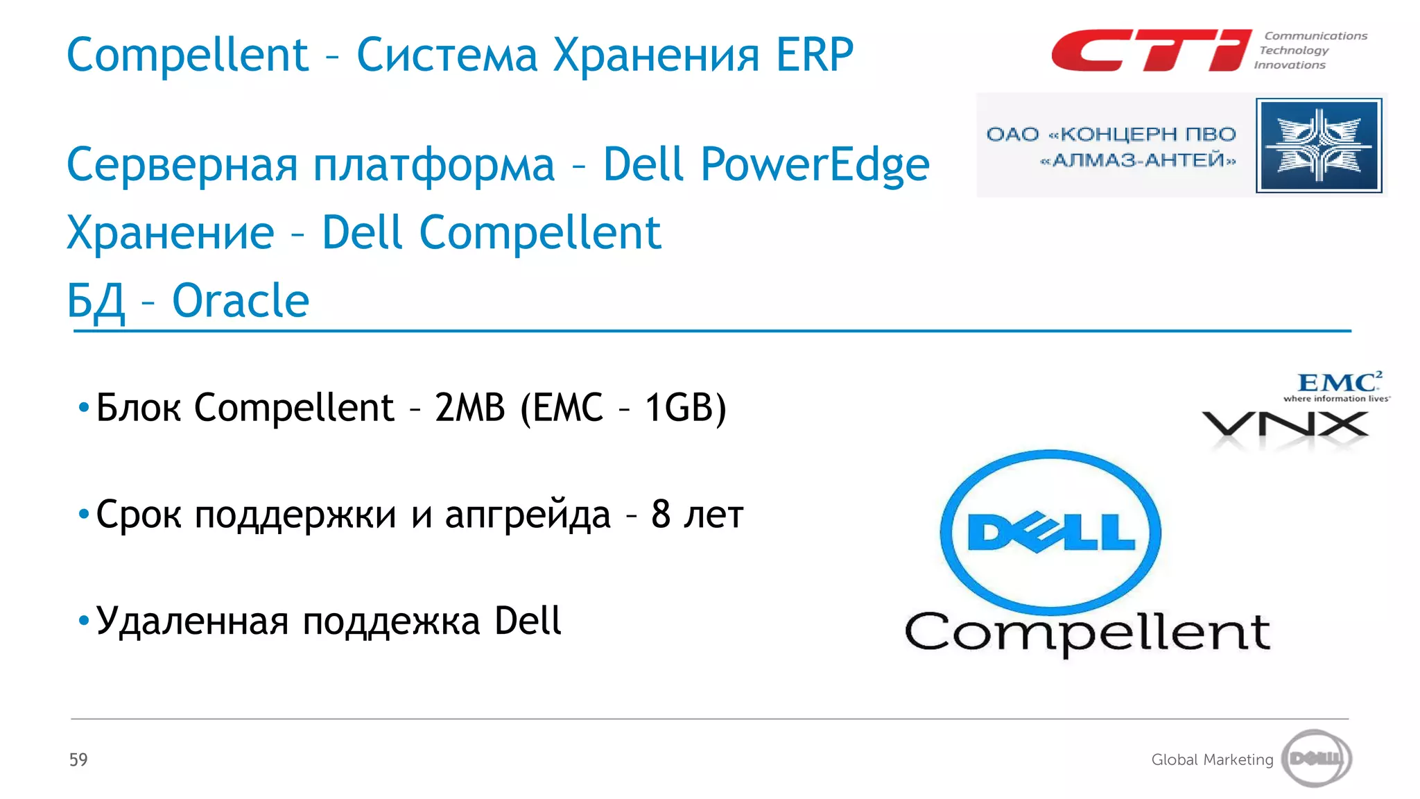 Compellent – Система Хранения ERP

Серверная платформа – Dell PowerEdge
Хранение – Dell Compellent
БД – Oracle

• Блок Compellent – 2MB (EMC – 1GB)

• Срок поддержки и апгрейда – 8 лет

• Удаленная поддежка Dell


59                                     Global Marketing
 