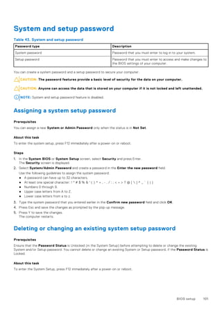 System and setup password
Table 43. System and setup password
Password type Description
System password Password that you must enter to log in to your system.
Setup password Password that you must enter to access and make changes to
the BIOS settings of your computer.
You can create a system password and a setup password to secure your computer.
CAUTION: The password features provide a basic level of security for the data on your computer.
CAUTION: Anyone can access the data that is stored on your computer if it is not locked and left unattended.
NOTE: System and setup password feature is disabled.
Assigning a system setup password
Prerequisites
You can assign a new System or Admin Password only when the status is in Not Set.
About this task
To enter the system setup, press F12 immediately after a power-on or reboot.
Steps
1. In the System BIOS or System Setup screen, select Security and press Enter.
The Security screen is displayed.
2. Select System/Admin Password and create a password in the Enter the new password field.
Use the following guidelines to assign the system password:
● A password can have up to 32 characters.
● At least one special character: ! " # $ % & ' ( ) * + , - . / : ; < = > ? @ [  ] ^ _ ` { | }
● Numbers 0 through 9.
● Upper case letters from A to Z.
● Lower case letters from a to z.
3. Type the system password that you entered earlier in the Confirm new password field and click OK.
4. Press Esc and save the changes as prompted by the pop-up message.
5. Press Y to save the changes.
The computer restarts.
Deleting or changing an existing system setup password
Prerequisites
Ensure that the Password Status is Unlocked (in the System Setup) before attempting to delete or change the existing
System and/or Setup password. You cannot delete or change an existing System or Setup password, if the Password Status is
Locked.
About this task
To enter the System Setup, press F12 immediately after a power-on or reboot.
BIOS setup 101
 
