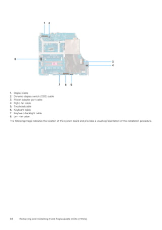 1. Display cable
2. Dynamic-display switch (DDS) cable
3. Power-adapter port cable
4. Right-fan cable
5. Touchpad cable
6. Keyboard cable
7. Keyboard-backlight cable
8. Left-fan cable
The following image indicates the location of the system board and provides a visual representation of the installation procedure.
68 Removing and installing Field Replaceable Units (FRUs)
 