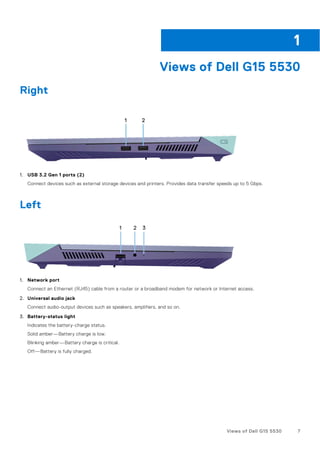 Views of Dell G15 5530
Right
1. USB 3.2 Gen 1 ports (2)
Connect devices such as external storage devices and printers. Provides data transfer speeds up to 5 Gbps.
Left
1. Network port
Connect an Ethernet (RJ45) cable from a router or a broadband modem for network or Internet access.
2. Universal audio jack
Connect audio-output devices such as speakers, amplifiers, and so on.
3. Battery-status light
Indicates the battery-charge status.
Solid amber—Battery charge is low.
Blinking amber—Battery charge is critical.
Off—Battery is fully charged.
1
Views of Dell G15 5530 7
 